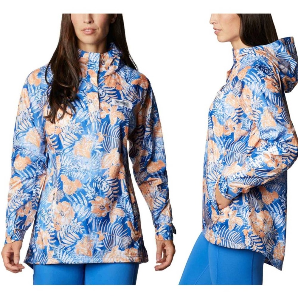 Columbia Blue and Peach Floral Pullover Rain Jacket